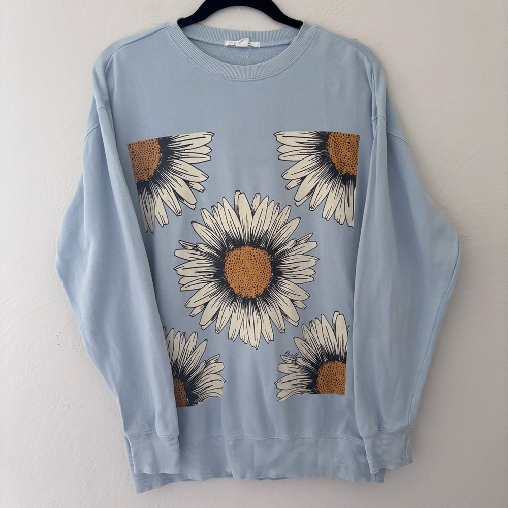 O'Neill Light Blue Crewneck with Daisy Print 100% Cotton, Floral, Summer, Beachy